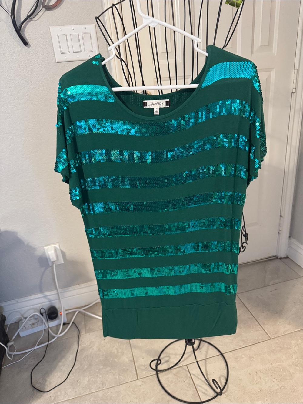 Sweetees Teal Green Sequin Stripe Short Sleeve dress